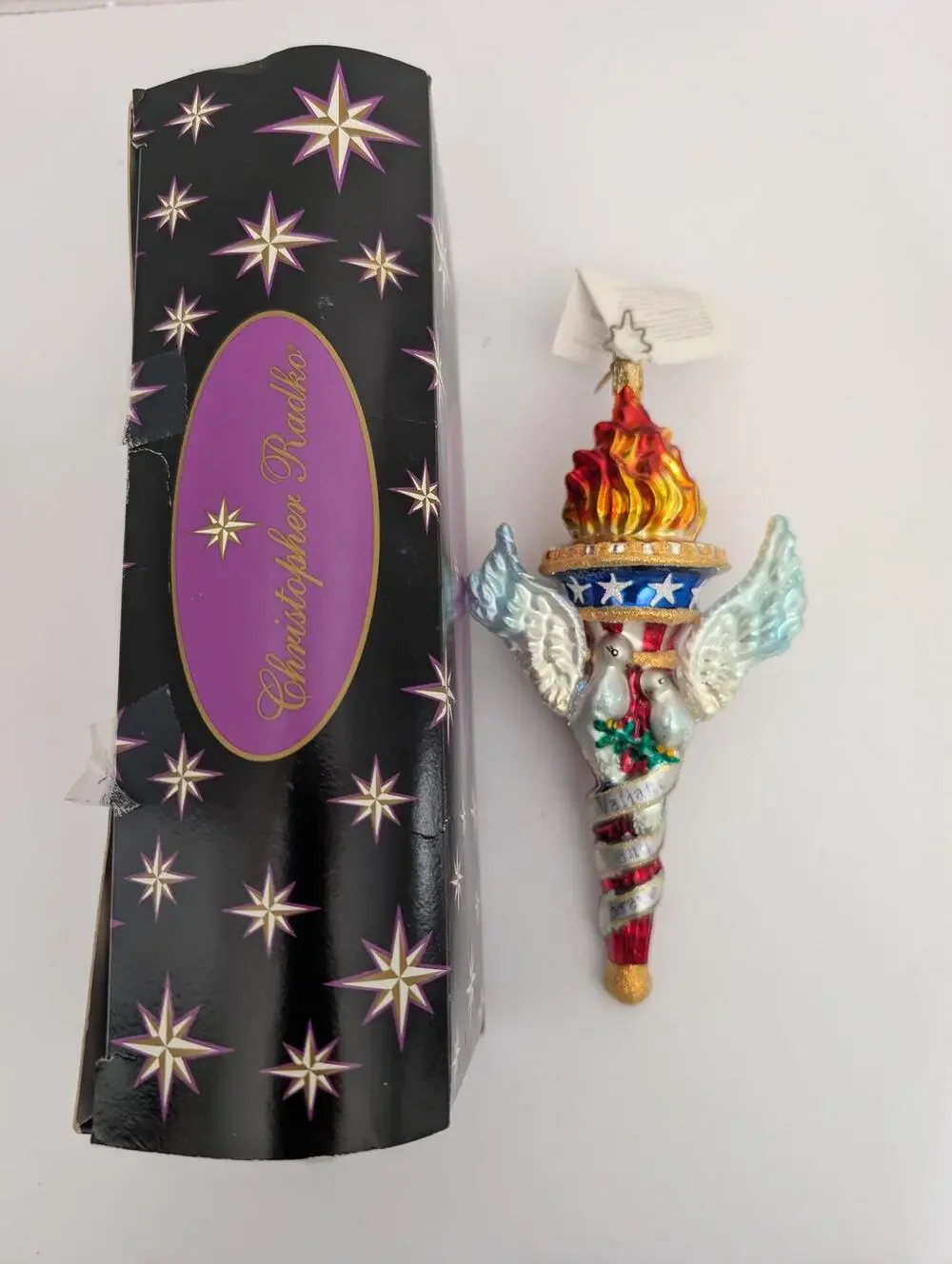 Christopher Radko Valiant and Brave 2002 Liberty Torch Wings Glass Ornament